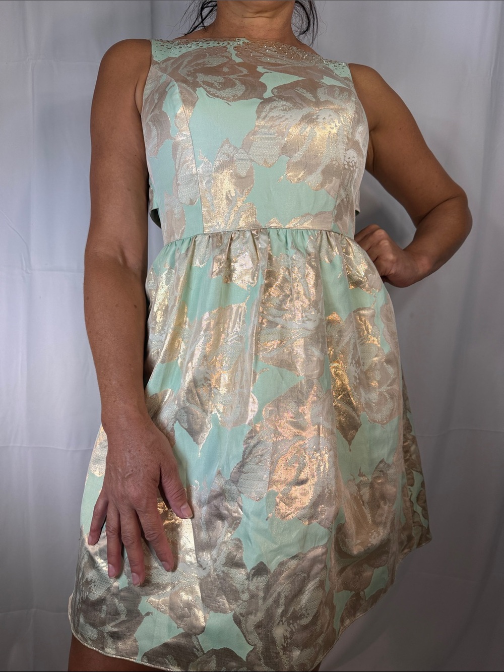 Aidan Mattox Mint and Gold Metallic Floral Dress